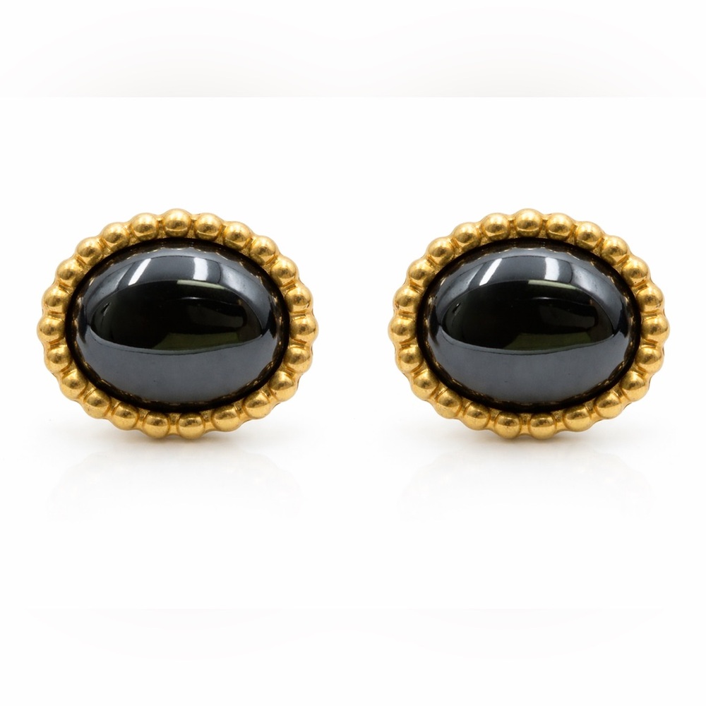 14K Gold Black Cabochon Oval Stud Earrings | Estate Fine Jewelry